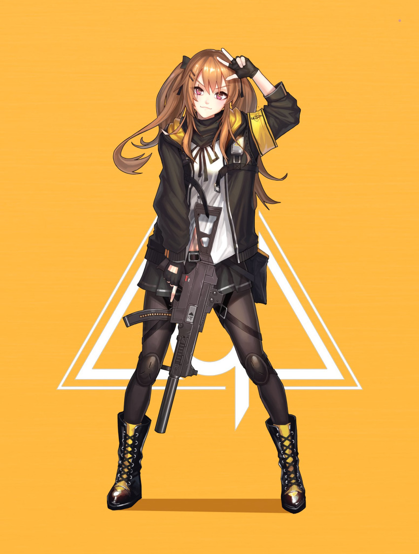 1girl :3 arm_above_head armband black_bow black_gloves black_legwear boots bow brown_hair cross-laced_footwear dlalsrl03131 fingerless_gloves full_body girls_frontline gloves gun h&amp;k_ump h&amp;k_ump9 hair_bow heckler_&amp;_koch highres hood hood_down hooded_jacket jacket knee_pads lace-up_boots legs_apart long_hair looking_at_viewer scar scar_across_eye skirt solo standing submachine_gun suppressor triangle trigger_discipline twintails ump9_(girls_frontline) v violet_eyes weapon wide_stance yellow_background