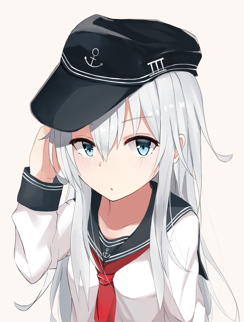 10s 1girl absurdres black_hat blue_eyes collarbone eyebrows_visible_through_hair grey_background hair_between_eyes hat hibiki_(kantai_collection) highres kantai_collection long_hair looking_at_viewer megukagawa neckerchief parted_lips red_neckerchief shirt silver_hair simple_background solo upper_body very_long_hair visor_cap white_shirt