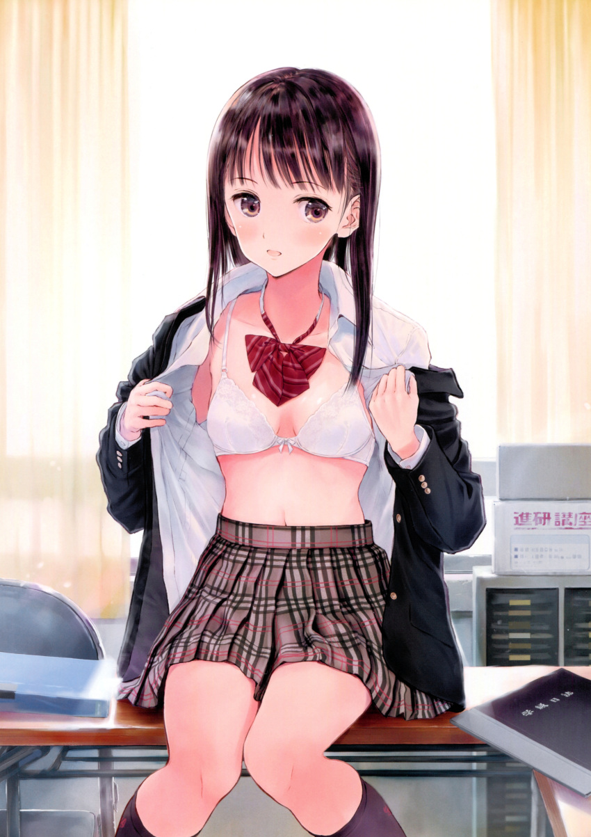1girl absurdres black_hair blazer blush bow bowtie bra breasts brown_eyes brown_hair desk fujita_hidetoshi highres indoors jacket kneehighs long_hair long_sleeves looking_to_the_side navel on_desk open_clothes open_mouth open_shirt original plaid plaid_skirt pleated_skirt scan school_uniform shirt sitting sitting_on_desk skirt small_breasts smile solo underwear undressing white_bra