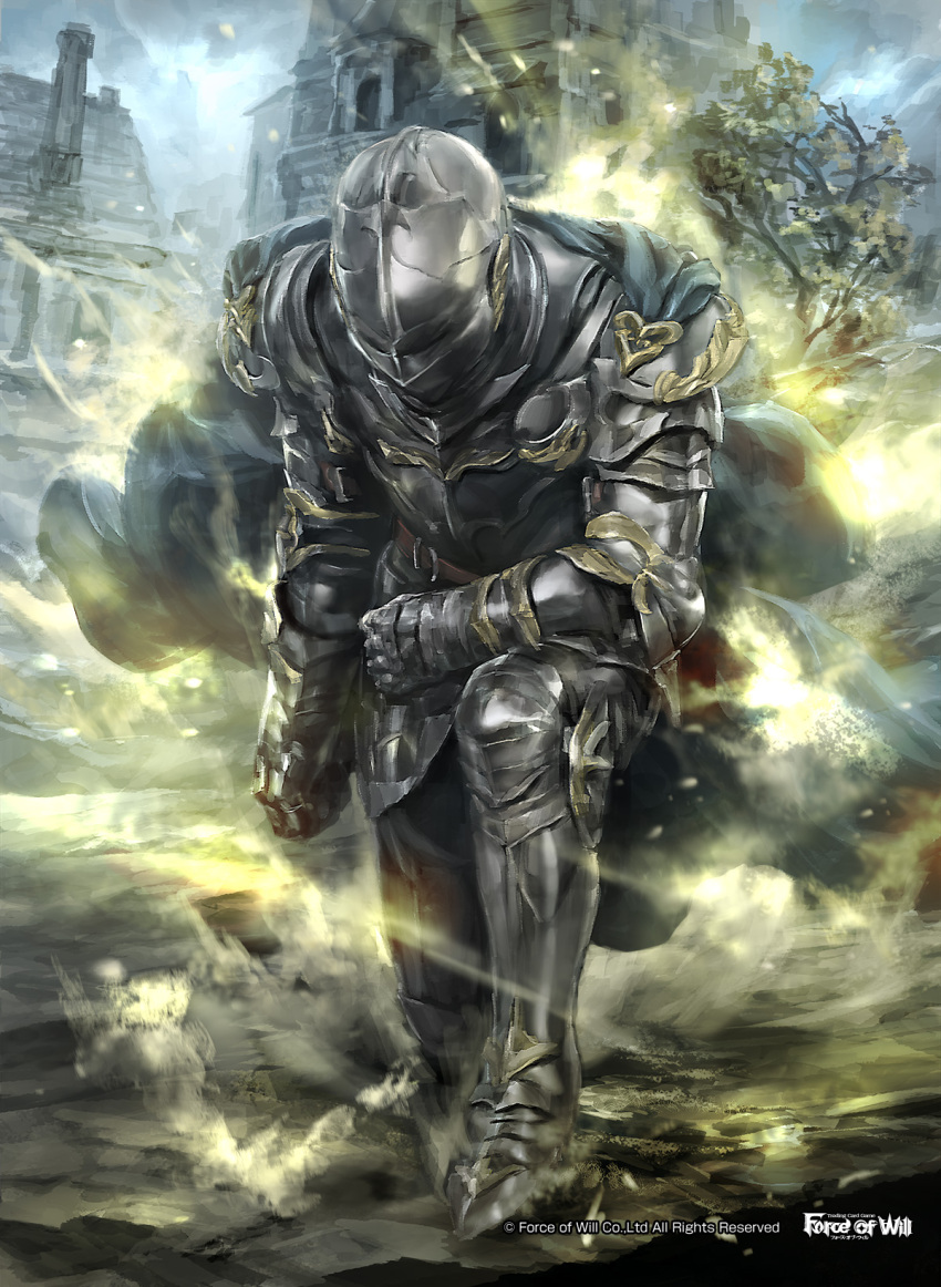 1boy armor armored_boots boots building cape copyright_name force_of_will gloves helmet highres mad_(artist) male_focus official_art sky solo tree