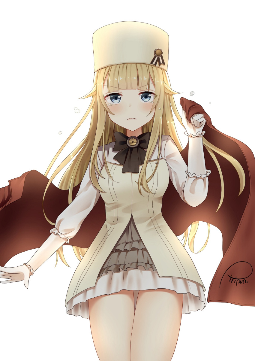 1girl backlighting bangs blonde_hair blue_eyes blunt_bangs blush closed_mouth cowboy_shot dress eyebrows_visible_through_hair frown hair_flaps highres long_hair piripun princess_(princess_principal) princess_principal shawl short_dress simple_background solo tears thighs white_background white_dress