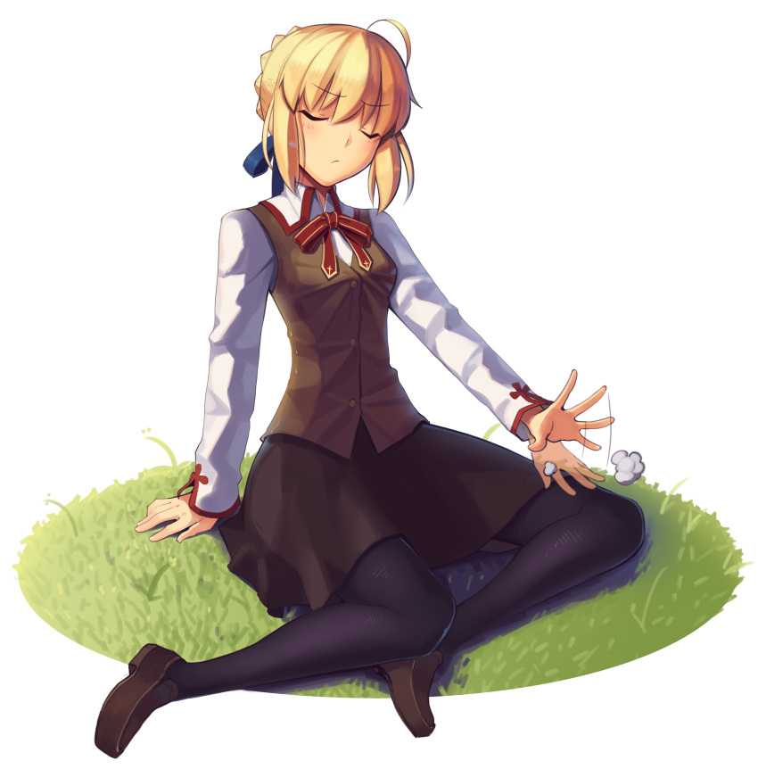 1girl absurdres afterimage ahoge arm_support artoria_pendragon_(all) blonde_hair blue_legwear blush boa_(brianoa) braid brown_footwear brown_jacket brown_skirt closed_eyes closed_mouth collared_shirt commentary eyebrows_visible_through_hair facing_viewer fate/stay_night fate_(series) grass highres long_sleeves on_ground pantyhose patting_lap red_ribbon ribbon saber shirt shoes short_hair sitting skirt sleeveless_jacket solo transparent_background white_shirt