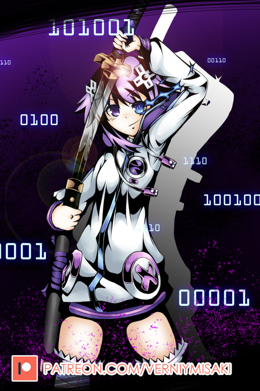 1girl blue_eyes d-pad glowing glowing_sword glowing_weapon hair_ornament hairclip heterochromia highres holding holding_sword holding_weapon hood hooded_jacket jacket looking_at_viewer neptune_(choujigen_game_neptune) neptune_(series) number power_symbol purple_hair purple_heart short_hair smile sword symbol-shaped_pupils thigh-highs verniy_misaki violet_eyes weapon