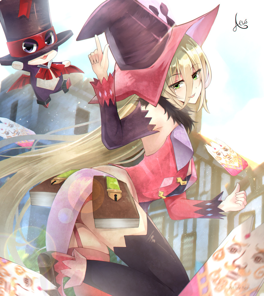 1girl aeus book boots garter_straps green_eyes hat highres long_hair magilou_(tales) signature tales_of_(series) tales_of_berseria thigh-highs witch