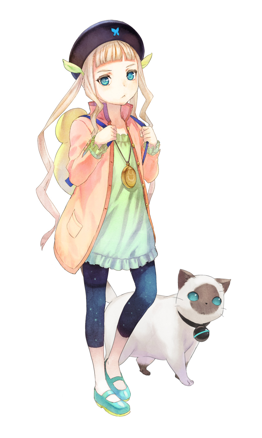 1girl :&lt; absurdres aqua_eyes backpack bag blonde_hair cat child elle_mel_martha full_body hat highres inomata_mutsumi jacket jewelry long_hair long_sleeves looking_at_viewer mary_janes official_art open_clothes open_jacket pendant shoes simple_background solo tales_of_(series) twintails white_background