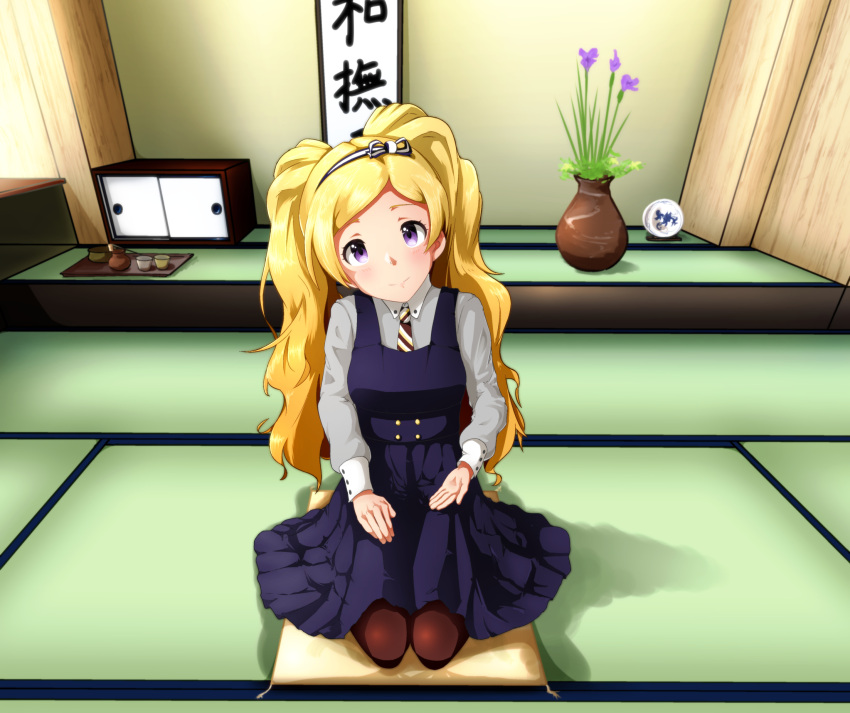 1girl artist_request blonde_hair blush commentary_request emily_stewart highres idolmaster idolmaster_million_live! indoors long_hair looking_at_viewer necktie seiza sitting smile solo tatami twintails violet_eyes