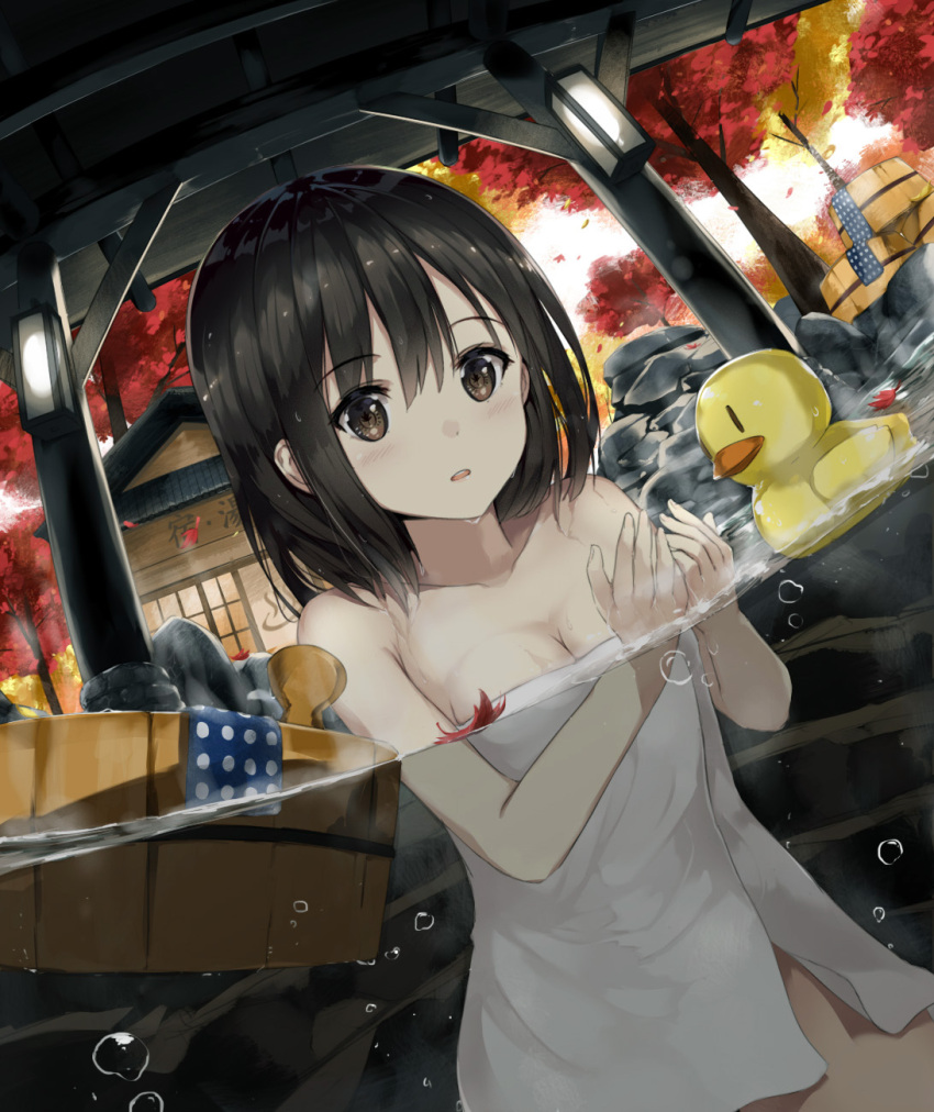 1girl air_bubble autumn autumn_leaves bangs black_hair breasts brown_eyes bubble bucket building cleavage collarbone day dutch_angle eyebrows_visible_through_hair highres lantern leaf long_hair looking_at_viewer maple_leaf medium_breasts naked_towel niii_(memstapak) onsen onsen_symbol open_mouth original outdoors partially_submerged partially_underwater_shot rock round_teeth rubber_duck solo symbol-shaped_pupils teeth towel tree wet white_towel