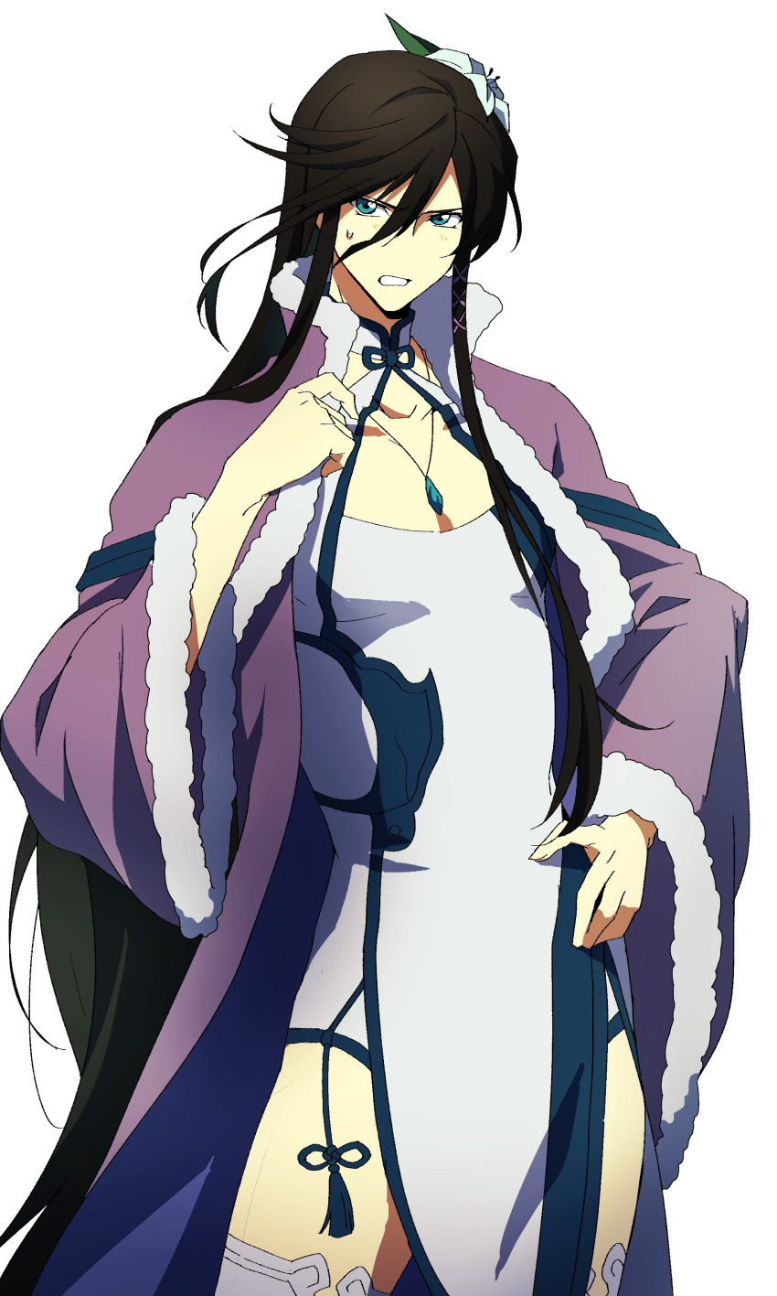 1boy absurdres aisrehdar aisrehdar_(cosplay) black_hair blue_eyes cosplay crossdressinging flower hair_flower hair_ornament hand_on_hip highres izumi-no-kami_kanesada jewelry jikan_no_shihaisha look-alike male_focus necklace pectorals pelvic_curtain solo thigh-highs touken_ranbu