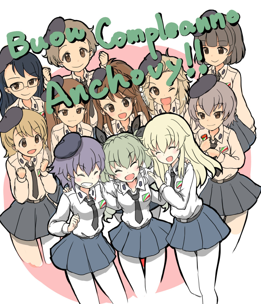 6+girls anchovy anzio_school_uniform arm_around_shoulder bangs belt beret black_belt black_eyes black_hair black_hat black_neckwear black_skirt blonde_hair blunt_bangs braid brown_eyes carpaccio closed_mouth commentary_request cropped_legs dress_shirt drill_hair emblem extra eyebrows_visible_through_hair forehead girls_und_panzer glasses green_hair grin hat highres italian long_hair long_sleeves looking_at_another looking_at_viewer miniskirt multiple_girls necktie one_eye_closed one_side_up open_mouth pantyhose party_popper pepperoni_(girls_und_panzer) pleated_skirt red_eyes school_uniform shirt short_hair side-by-side side_braid siko_(girls_und_panzer) skirt smile smirk translated twin_drills twintails w_arms wabiushi white_legwear white_shirt