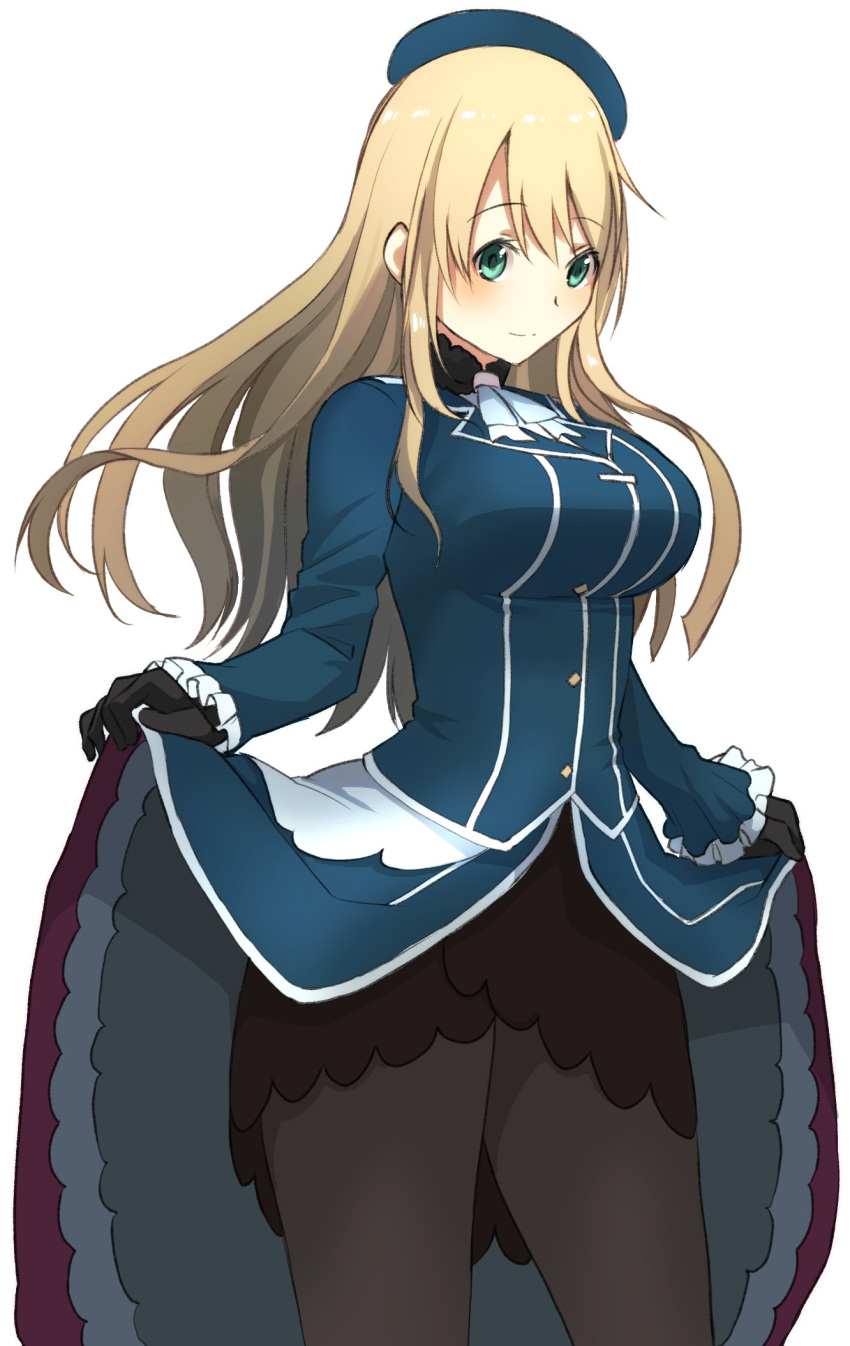 10s 1girl atago_(kantai_collection) bangs beret black_gloves black_legwear blonde_hair blue_dress blue_eyes blue_hat blue_jacket blush breasts closed_mouth dress dress_lift gloves hat highres jacket kantai_collection large_breasts long_hair long_sleeves looking_at_viewer masukuza_j pantyhose simple_background solo upper_body white_background