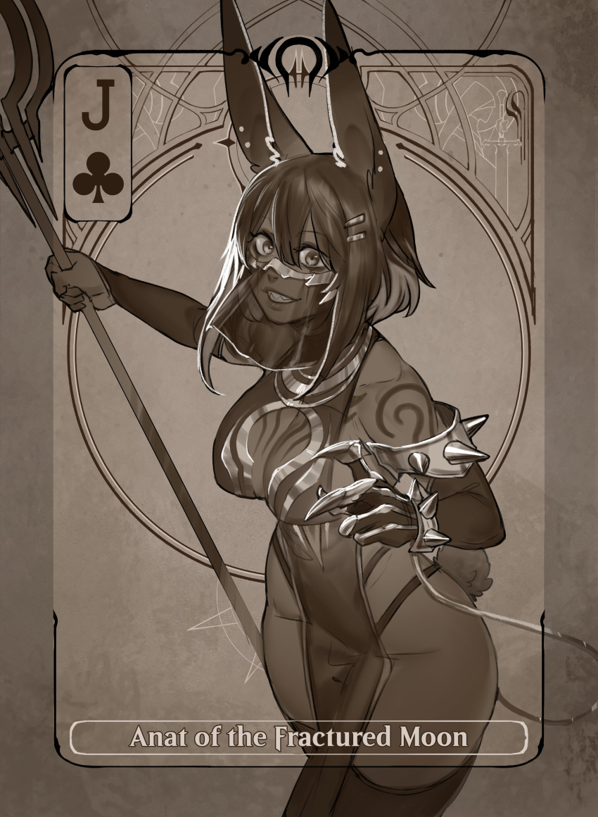 1girl absurdres animal_ears bare_shoulders breasts card claws covered_nipples detached_sleeves from_above groin halterneck highres large_breasts less looking_at_viewer looking_up medium_hair original rabbit_ears rabbit_tail sidelocks smile solo spikes tail tattoo veil