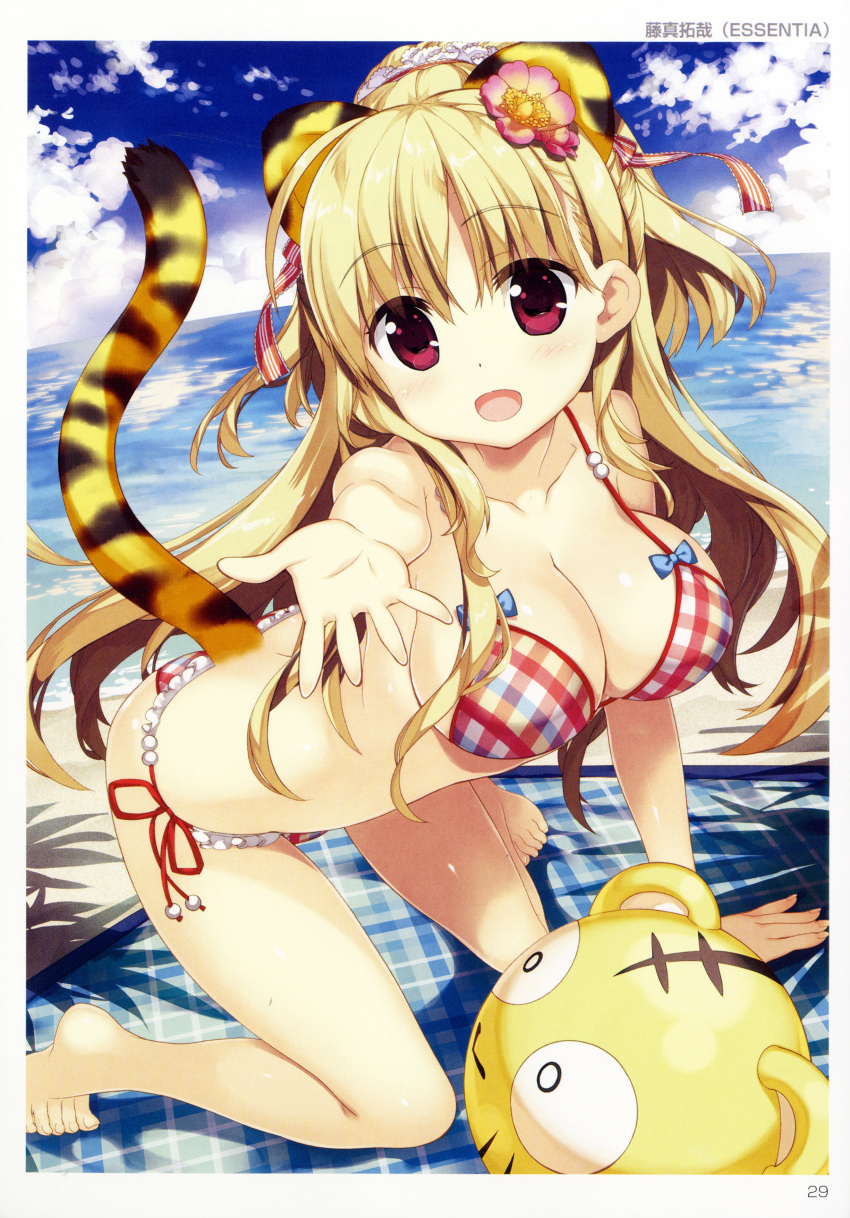 1girl absurdres all_fours animal_ears arm_support artist_name bangs bare_legs bare_shoulders barefoot bikini blonde_hair breasts cat_ears cat_tail cleavage clouds collarbone day eyebrows_visible_through_hair fake_animal_ears feet flower fujima_takuya hair_flower hair_ornament highres long_hair looking_at_viewer medium_breasts open_mouth outdoors outstretched_arm red_eyes scan side-tie_bikini sky smile solo swimsuit tail tiger_ears tiger_tail toes toranoana