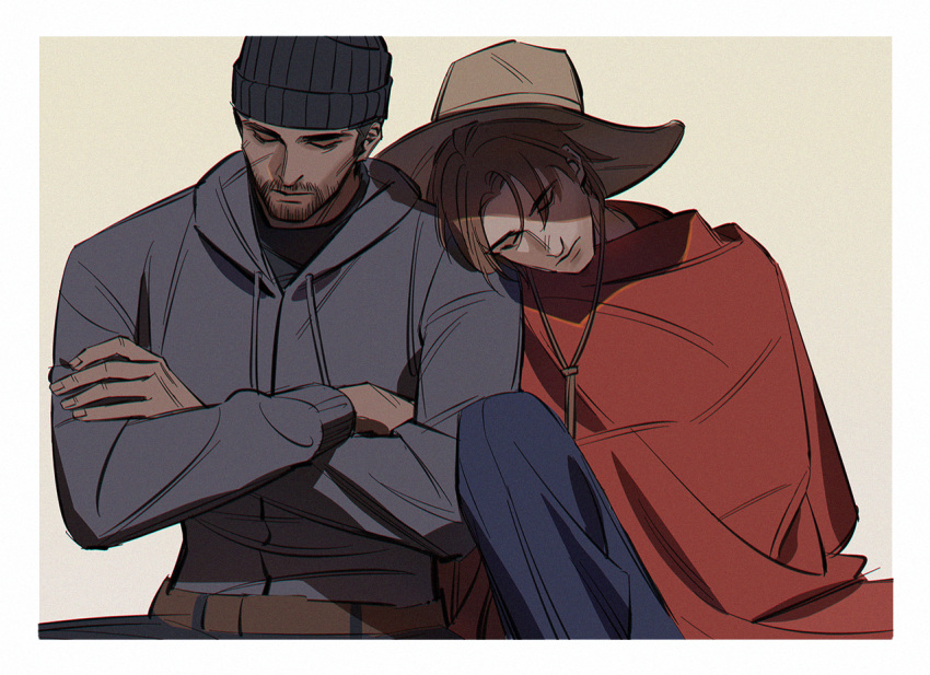 2boys 79357_(lyhlyhlyh) beanie brown_hair cowboy_hat crossed-arms hat hood hoodie male_focus mccree_(overwatch) multiple_boys overwatch poncho reaper_(overwatch) shoulder_rest sleeping