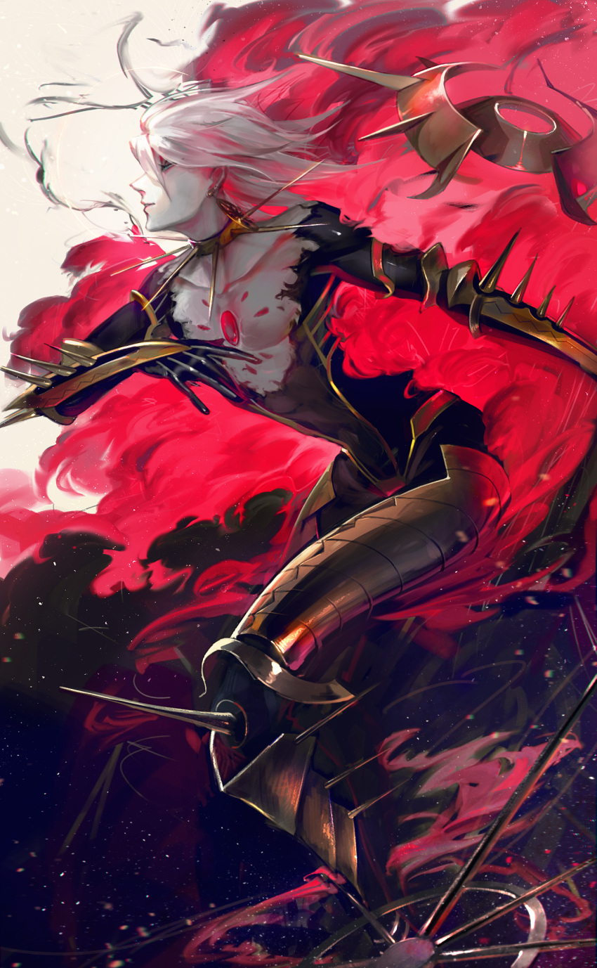 1boy armor blue_eyes bodysuit collar earrings egawa_akira fate/apocrypha fate_(series) fire from_side highres jewelry karna_(fate) male_focus pale_skin short_hair solo spiked_collar spikes white_hair