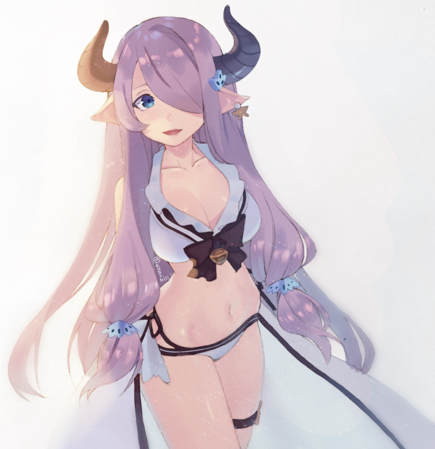 1girl arms_behind_back bangs bare_shoulders bikini blue_eyes breasts cleavage frilled_bikini frills granblue_fantasy hair_ornament hair_over_one_eye hairclip highres horns jewelry kushibi large_breasts lavender_hair long_hair looking_at_viewer narumeia_(granblue_fantasy) open_mouth pointy_ears simple_background single_earring smile solo swimsuit very_long_hair white_bikini