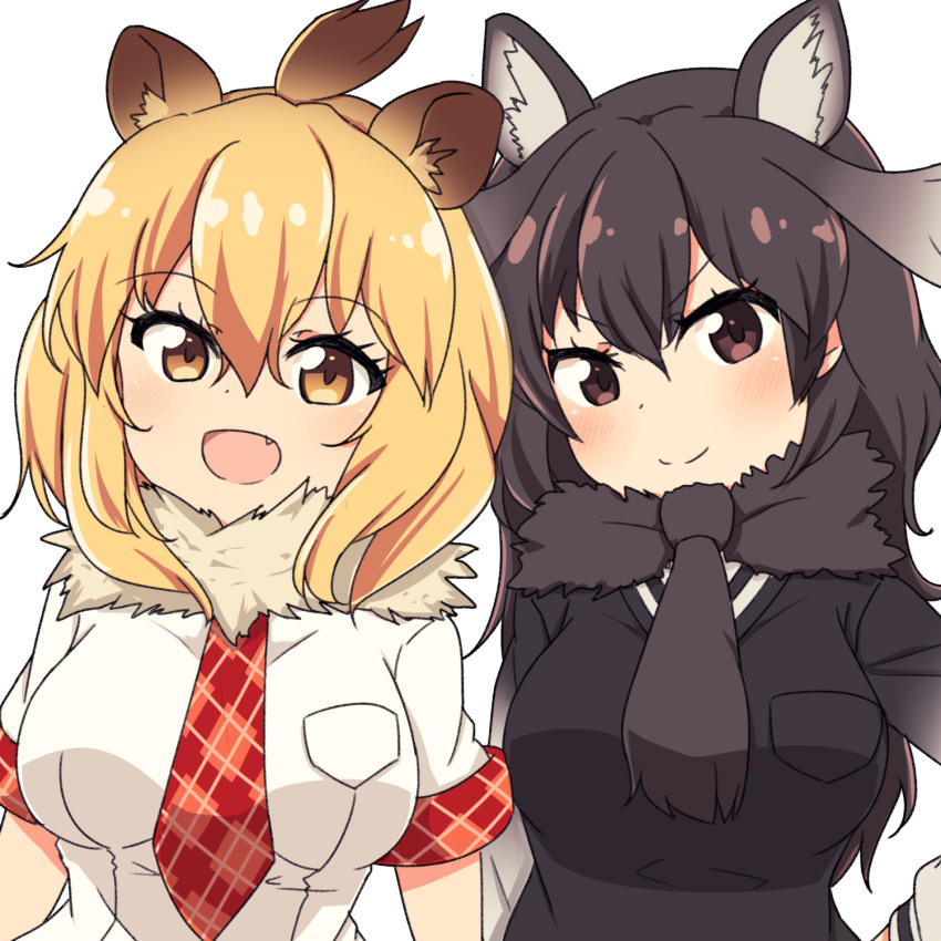 &gt;:) 2girls :d animal_ears antlers arm_at_side arms_at_sides black_hair black_scarf black_vest blonde_hair blush breast_pocket breasts brown_eyes brown_hair chawan_(yultutari) dot_nose eyebrows_visible_through_hair eyelashes fang fur_collar gradient_eyes gradient_hair hair_between_eyes hand_on_hip highres kemono_friends large_breasts lion_(kemono_friends) lion_ears long_hair long_sleeves looking_at_viewer mane medium_hair moose_(kemono_friends) moose_ears multicolored multicolored_eyes multicolored_hair multicolored_shirt multiple_girls necktie open_mouth plaid plaid_necktie pocket red_necktie scarf shirt short_sleeves simple_background smile sweater_vest tsurime two-tone_hair upper_body vest white_background white_shirt