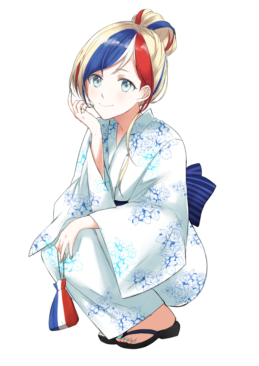 10s 1girl absurdres alternate_costume alternate_hairstyle blonde_hair blue_eyes blue_hair blush closed_mouth commandant_teste_(kantai_collection) flag_print floral_print full_body green_nails hair_bun highres holding_bag japanese_clothes jewelry kantai_collection kimono legs_over_head long_sleeves looking_at_viewer morinaga_(harumori) nail_polish no_legwear pouch redhead ring sandals short_hair simple_background smile solo squatting tareme toenail_polish white_background white_hair white_kimono wide_sleeves