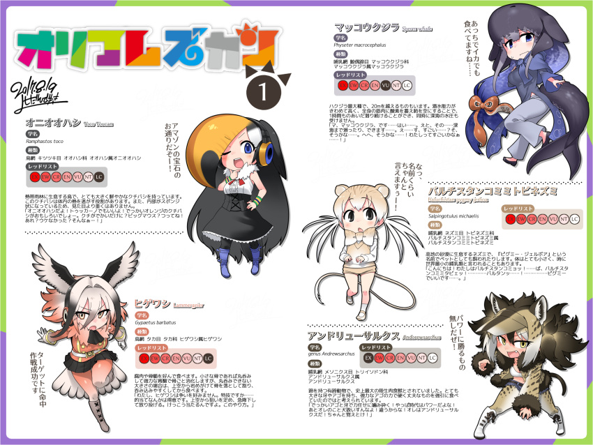 5girls animal_ears artist_name character_profile dated extra_ears head_wings headphones highres kemono_friends looking_at_viewer multiple_girls official_style one_eye_closed original personification signature tail translation_request whale_tail_(animal_tail) yoshida_hideyuki yoshizaki_mine_(style)