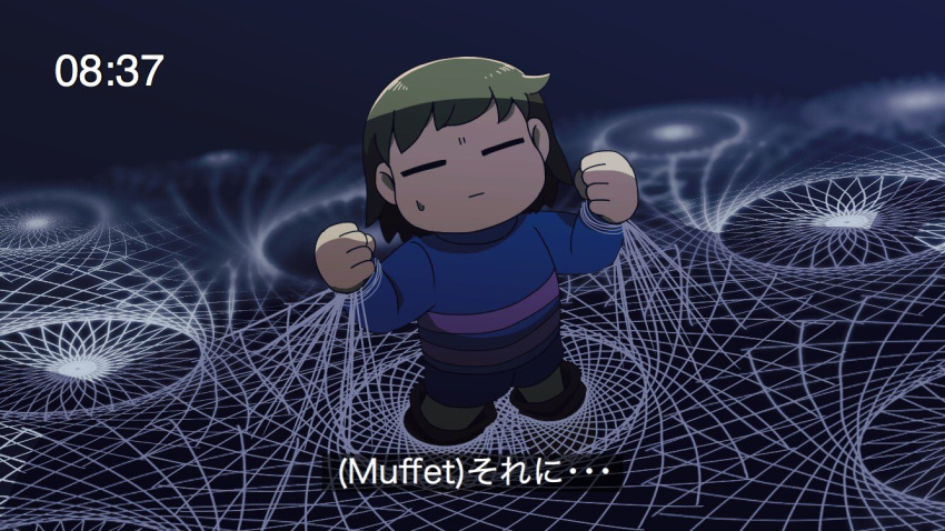 =_= androgynous blue_background brown_hair clenched_hands closed_mouth dark_background fake_screenshot frisk_(undertale) limited_palette short_hair shorts silk simple_background solo spider_web subtitled sweatdrop sweater timestamp translation_request turtleneck turtleneck_sweater undertale