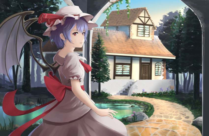 1girl arch bat_wings blouse blue_hair blue_sky cobblestone cravat day expressionless flower forest grass hat hat_ribbon highres house looking_at_viewer mob_cap nature outdoors parted_lips pink_blouse pink_skirt pond puffy_short_sleeves puffy_sleeves red_eyes remilia_scarlet ribbon rock sash short_hair short_sleeves side_glance skirt skirt_set sky solo stairs stucco takeyoshi_(albizia) touhou walkway wings