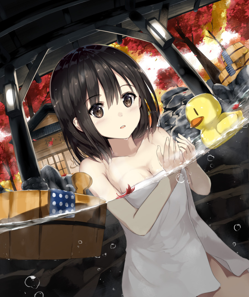 1girl air_bubble autumn autumn_leaves bangs black_hair breasts brown_eyes bubble bucket building cleavage collarbone day dutch_angle eyebrows_visible_through_hair highres lantern leaf long_hair looking_at_viewer maple_leaf medium_breasts naked_towel niii_(memstapak) onsen onsen_symbol open_mouth original outdoors partially_submerged partially_underwater_shot rock round_teeth rubber_duck solo symbol-shaped_pupils teeth towel tree wet white_towel
