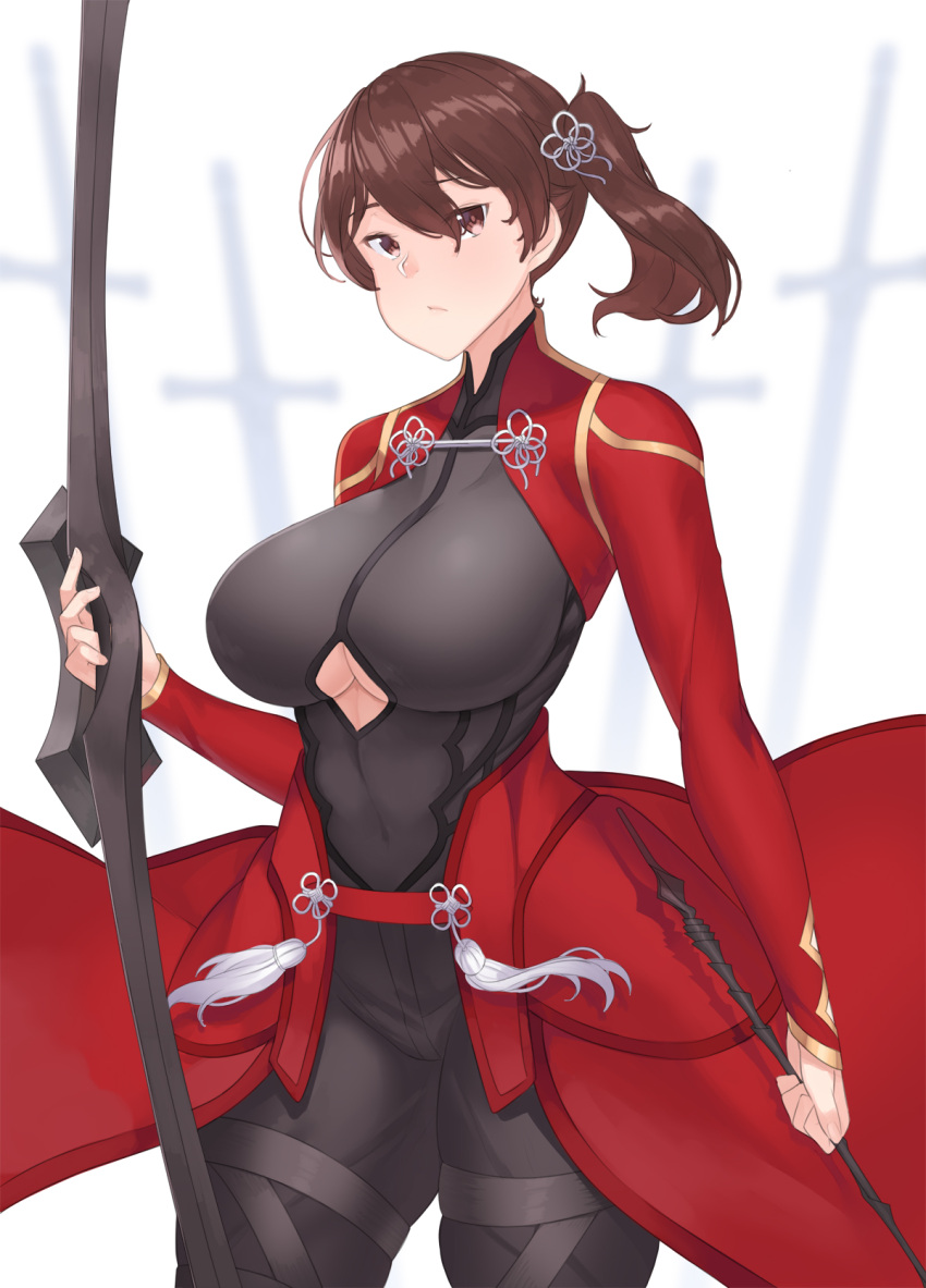 1girl archer archer_(cosplay) breasts brown_eyes brown_hair cleavage cleavage_cutout cosplay curvy fate_(series) franham highres kaga_(kantai_collection) kantai_collection large_breasts side_ponytail solo standing wide_hips
