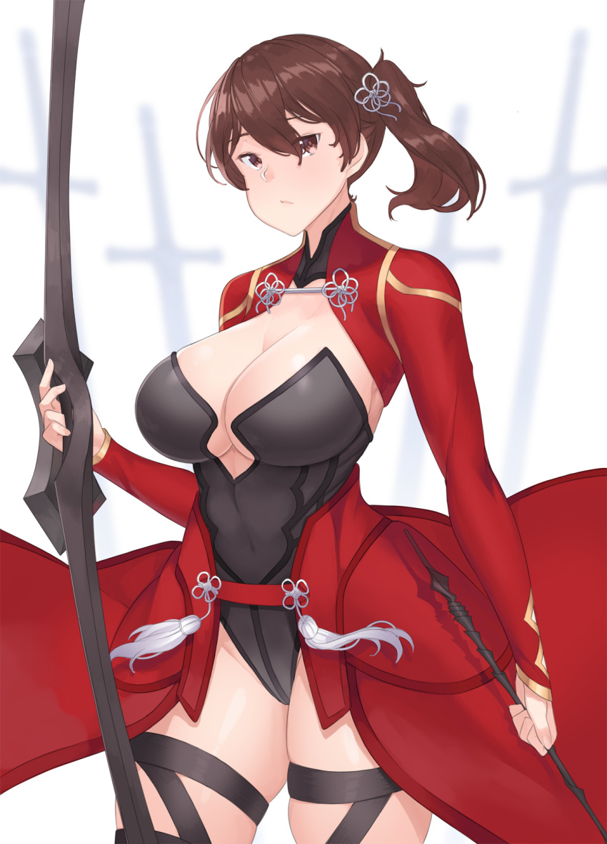 1girl archer archer_(cosplay) breasts brown_eyes brown_hair cleavage cosplay covered_navel curvy fate_(series) franham highres kaga_(kantai_collection) kantai_collection large_breasts side_ponytail solo standing wide_hips