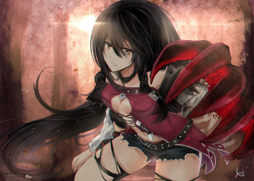 1girl aeus bare_shoulders black_hair braid breasts highres long_hair looking_at_viewer medium_breasts navel parted_lips short signature solo sun tales_of_(series) tales_of_berseria thigh-highs torn_clothes torn_thighhighs velvet_crowe very_long_hair yellow_eyes