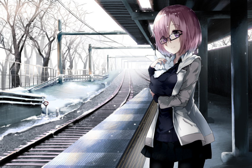 1girl animal animal_in_clothes bangs black-framed_eyewear black_legwear black_skirt creature day eyebrows_visible_through_hair eyes_visible_through_hair fate/grand_order fate_(series) fou_(fate/grand_order) glasses hair_over_one_eye highres holding jacket lavender_hair long_sleeves looking_at_viewer niii_(memstapak) outdoors pantyhose pleated_skirt railroad_tracks shielder_(fate/grand_order) short_hair skirt sky snow solo sweater train_station tree violet_eyes wing_collar winter