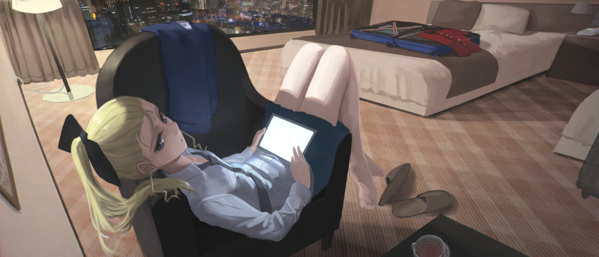 1girl armchair assam barefoot bed blonde_hair blue_eyes chair clothes_removed cup epitaph_(1122) girls_und_panzer highres hotel_room lamp long_hair looking_at_viewer lying necktie night on_back pillow ponytail skirt slippers solo suitcase tea teacup uniform white_legwear