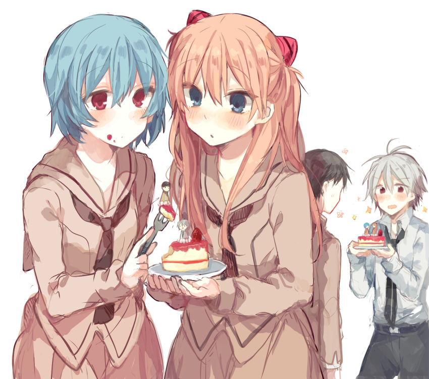 2boys 2girls ayanami_rei bangs belt black_hair black_neckwear black_pants blue_eyes blue_hair blush brown_shirt brown_skirt cake character_doll closed_mouth food food_on_face fork fruit grey_hair hair_between_eyes highres holding holding_food holding_fork holding_plate ikari_shinji ikeuchi_tanuma long_hair long_sleeves looking_at_another looking_at_viewer multiple_boys multiple_girls nagisa_kaworu necktie neon_genesis_evangelion orange_hair pants parted_lips pink_eyes plate sailor_collar school_uniform serafuku shirt short_hair simple_background skirt souryuu_asuka_langley sparkle standing strawberry wavy_mouth white_background