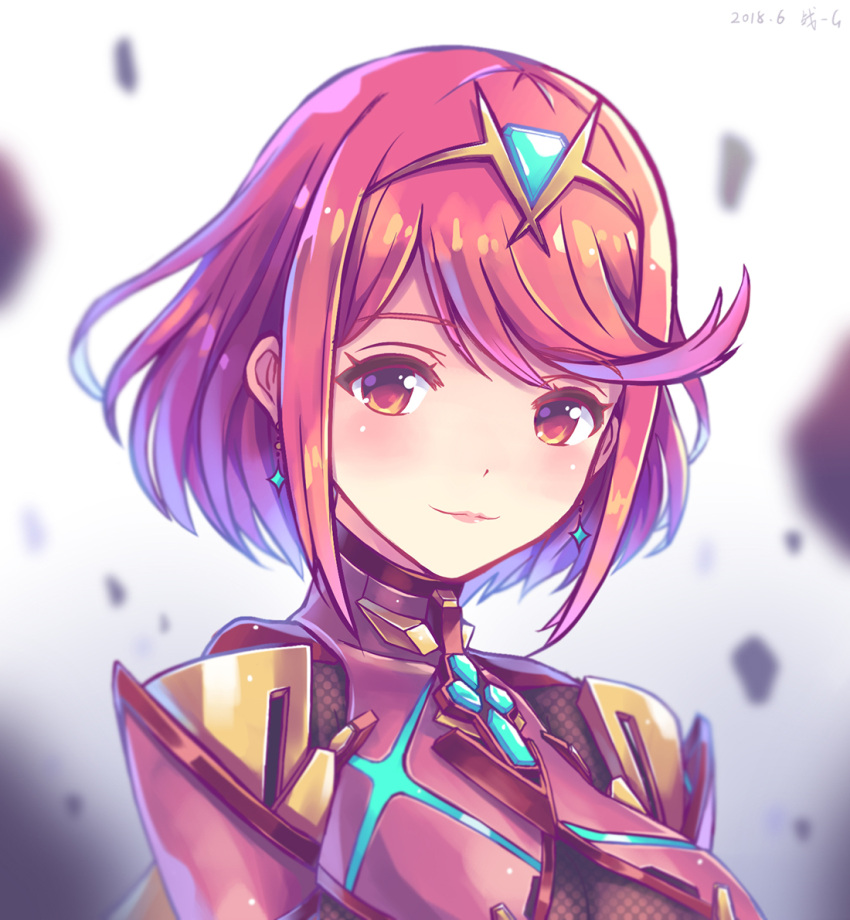 1girl bangs blush breasts earrings fingerless_gloves gloves hair_ornament pyra_(xenoblade) jewelry large_breasts looking_at_viewer red_eyes redhead short_hair simple_background smile solo xenoblade_(series) xenoblade_2 zhandou_greymon