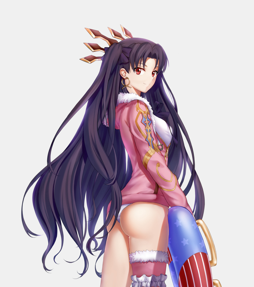 1girl ass bangs bare_legs black_hair blush closed_mouth crown earrings fate/grand_order fate_(series) female fur_trim hair_ribbon highres hoop_earrings innertube ishtar_(fate/grand_order) ishtar_(swimsuit_rider)_(fate) jacket jewelry legs looking_at_viewer looking_back miuka neck parted_bangs pink_jacket red_eyes ribbon simple_background single_thighhigh smile solo standing swimsuit thigh-highs tohsaka_rin two_side_up type-moon very_long_hair white_swimsuit