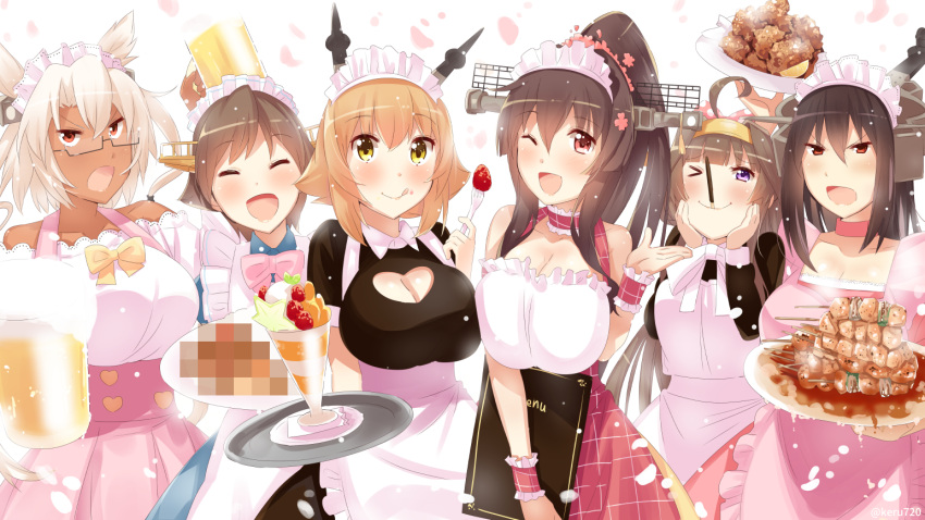 10s 6+girls alternate_costume apron beer_mug black_hair breasts brown_hair censored cleavage_cutout closed_eyes cup dark_skin drinking_glass enmaided eyebrows_visible_through_hair food fork fruit glasses hair_between_eyes hairband hands_on_own_cheeks hands_on_own_face headgear hiei_(kantai_collection) holding holding_drinking_glass holding_fork holding_menu holding_plate kantai_collection kongou_(kantai_collection) large_breasts light_brown_hair long_hair long_sleeves maid maid_apron maid_headdress menu mosaic_censoring multiple_girls musashi_(kantai_collection) mutsu_(kantai_collection) nagato_(kantai_collection) one_eye_closed open_mouth parfait plate pocky red_eyes remodel_(kantai_collection) short_hair short_sleeves strawberry tonari_no_kai_keruberosu tongue tongue_out twintails two_side_up violet_eyes white_hair wrist_cuffs yamato_(kantai_collection) yellow_eyes