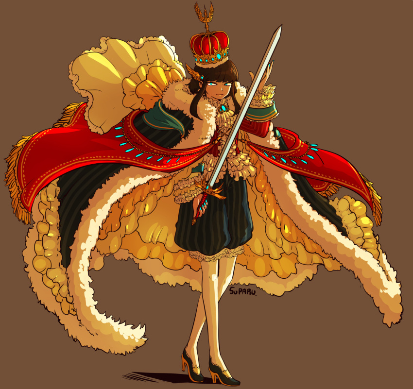 1boy aqua_eyes aqua_nails ascot brooch brown_background brown_hair cape crown dragon_poker elaborate_clothes fingernails frilled_shorts frills fringe fur-trimmed_cape fur_trim hand_on_blade headgear high_heels highres holding holding_sword holding_weapon jewelry looking_at_viewer nail_polish pantyhose ruffled_ascot ruffled_sleeves shorts sidelocks signature simple_background solo striped suparu_(detteiu) sword vertical-striped_shorts vertical_stripes walking weapon winged_sword