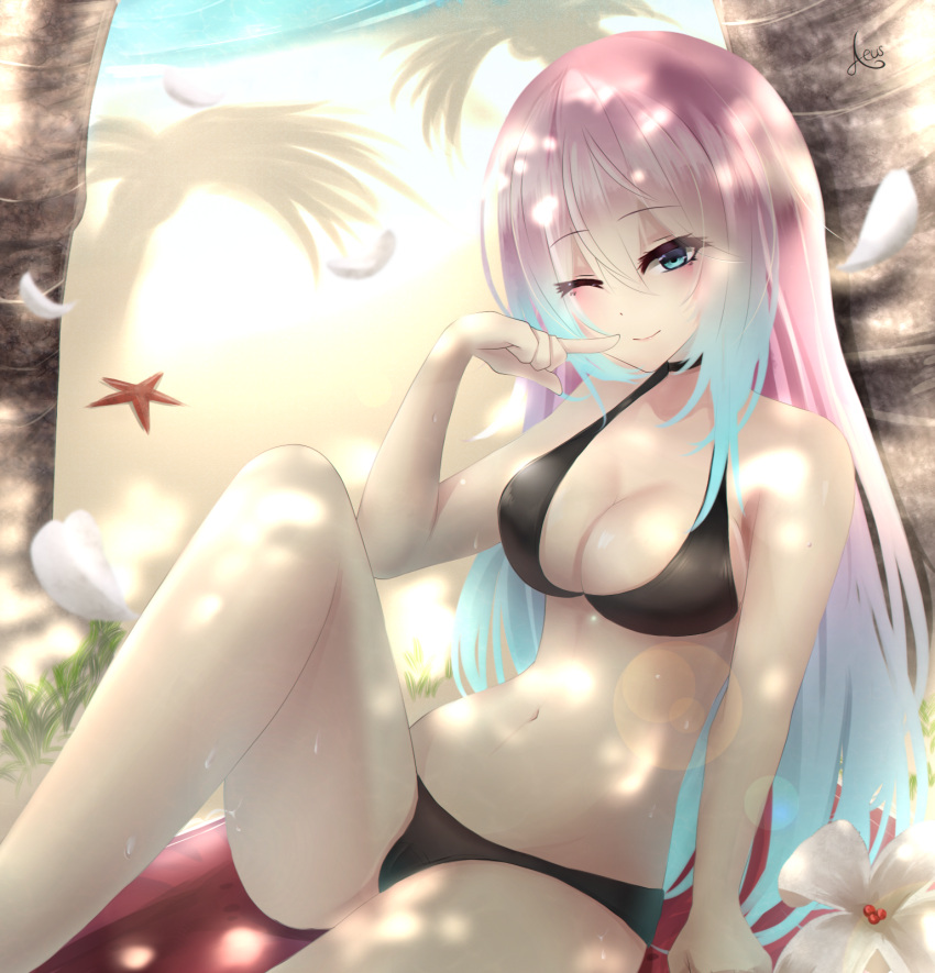 1girl aeus beach bikini blush breasts cleavage flower highres looking_at_viewer medium_breasts multicolored_hair navel original palm_tree signature sitting smile solo swimsuit tree water