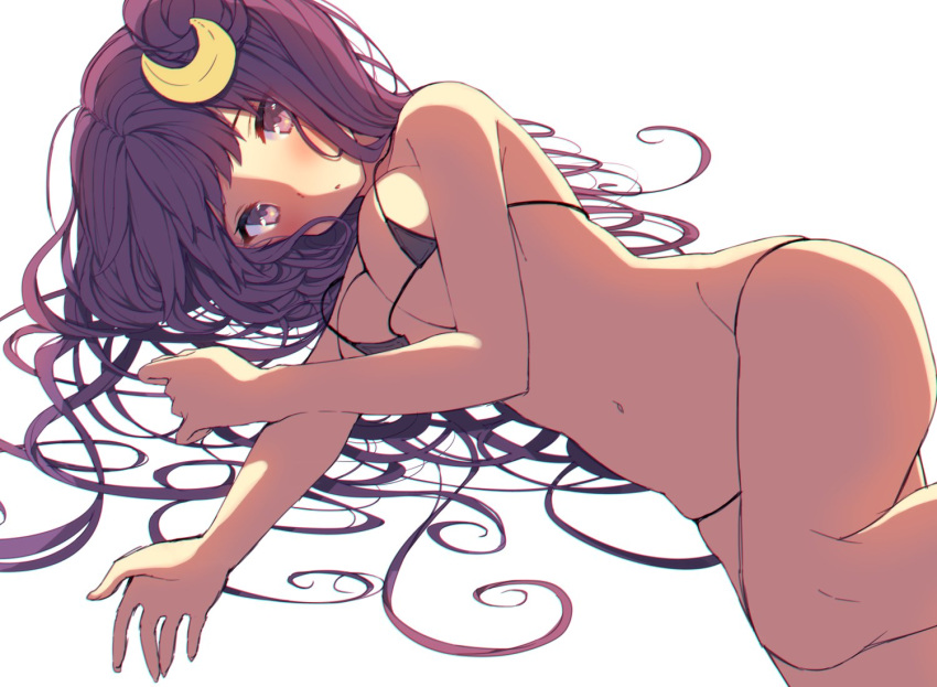 1girl bikini black_bikini_top breasts cleavage crescent crescent_hair_ornament hair_ornament large_breasts long_hair looking_at_viewer lying micro_bikini navel on_side parted_lips patchouli_knowledge purple_hair simple_background solo strap_gap string_bikini swimsuit touhou triangle_mouth usamata violet_eyes white_background
