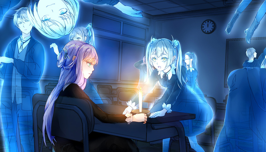 2boys 4girls blue_eyes candle chalkboard clock desk eye_contact ghost glasses hair_ornament hair_stick inside leaning_forward long_hair looking_at_another looking_at_viewer multiple_boys multiple_girls original ponytail purple_hair school school_uniform short_hair short_twintails sitting suyao_(3mol) twintails