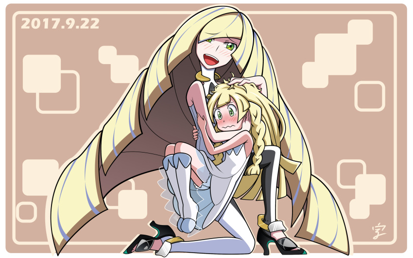 absurdres colored_pencil_(medium) graphite_(medium) high_heels highres lillie_(pokemon) lusamine_(pokemon) mikesi_quan pokemon pokemon_(game) pokemon_sm traditional_media