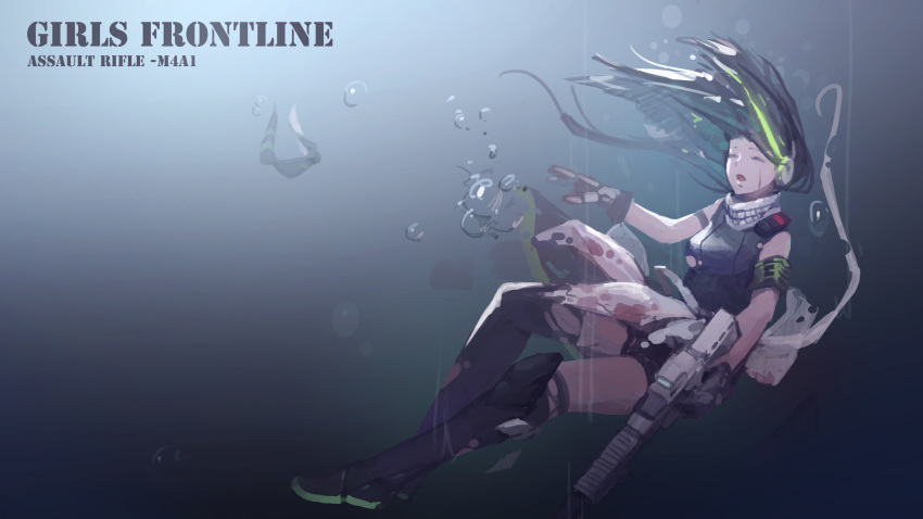 1girl absurdres armband assault_rifle black_hair blood bloody_clothes boots bubble character_name closed_eyes copyright_name full_body girls_frontline gloves gun heibaise_jiangshi highres holding holding_gun holding_weapon knee_boots long_hair m4a1_(girls_frontline) open_mouth rifle sinking solo underwater wallpaper weapon