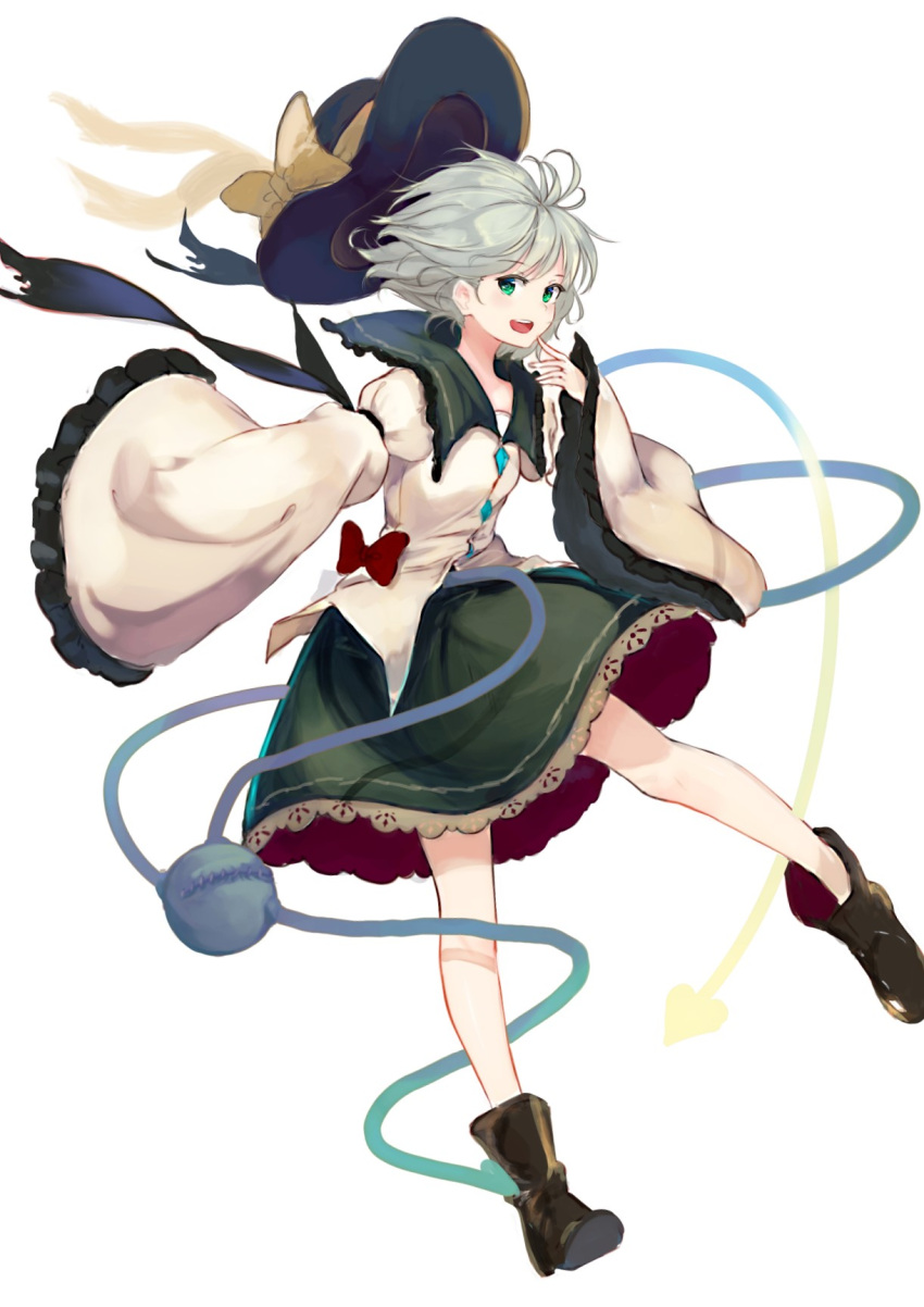 1girl :d arm_garter boots bow brown_footwear eyeball frilled_sleeves frills full_body green_eyes green_skirt hat hat_bow hat_removed headwear_removed heart heart_of_string highres homo_1121 komeiji_koishi long_sleeves open_mouth silver_hair simple_background skirt smile solo third_eye touhou white_background wide_sleeves wind wind_lift