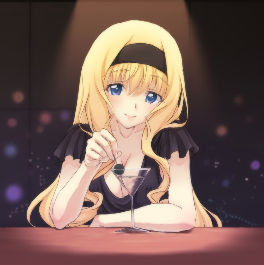 1girl artist_request bar black_dress blonde_hair blue_eyes breasts cecilia_alcott cleavage cocktail_glass cup dress drinking_glass hairband highres infinite_stratos lips long_hair looking_at_viewer martini night solo