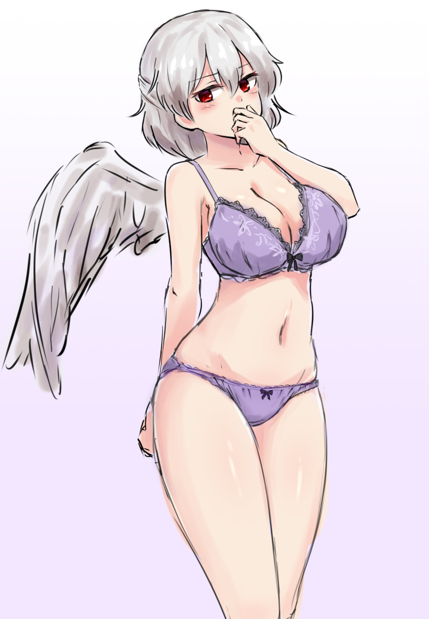 1girl arm_behind_back bangs bare_arms black_bra blush bow bow_bra bow_panties bra breasts cleavage covering_mouth cowboy_shot eyebrows_visible_through_hair forneus_0 gradient gradient_background grey_wings hair_between_eyes hand_up highres kishin_sagume large_breasts looking_at_viewer multicolored multicolored_background navel panties purple_bra red_eyes short_hair silver_hair single_wing solo touhou two-tone_background underwear underwear_only wings