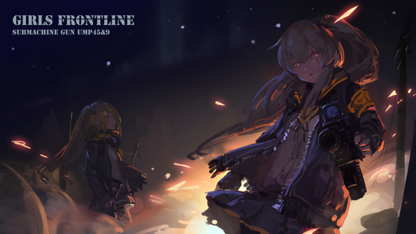 2girls aiming_at_viewer armband backlighting brown_hair character_name copyright_name cowboy_shot embers explosion girls_frontline gun heibaise_jiangshi highres holding holding_gun holding_weapon jacket long_hair looking_at_viewer multiple_girls night one_side_up open_mouth orange_eyes scar scar_across_eye siblings sisters skirt smoke sparks submachine_gun telephone_pole twintails ump45_(girls_frontline) ump9_(girls_frontline) wallpaper weapon wind