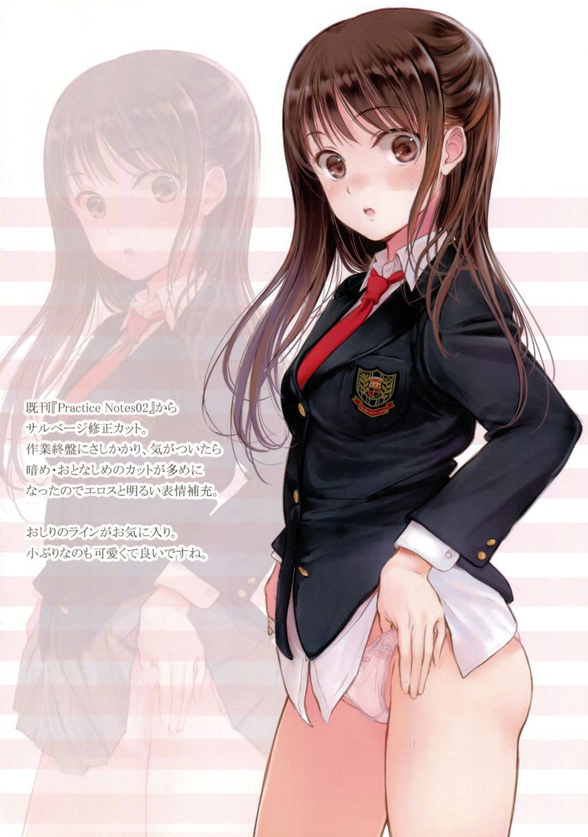 1girl absurdres blazer brown_eyes brown_hair contrapposto cowboy_shot eyebrows_visible_through_hair from_side fujita_hidetoshi highres jacket long_hair necktie no_pants original panties parted_lips scan solo surprised sweatdrop translation_request underwear wide-eyed zoom_layer