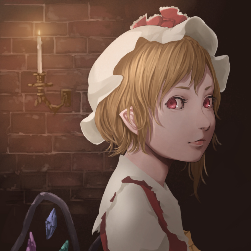 1girl ascot blonde_hair brick_wall candle closed_mouth crystal flandre_scarlet from_side hat hat_ribbon light_smile lips looking_at_viewer medium_hair mob_cap nagi_(xx001122) pointy_ears red_eyes ribbon shirt side_glance side_ponytail solo standing touhou upper_body vest white_shirt wings yellow_ascot