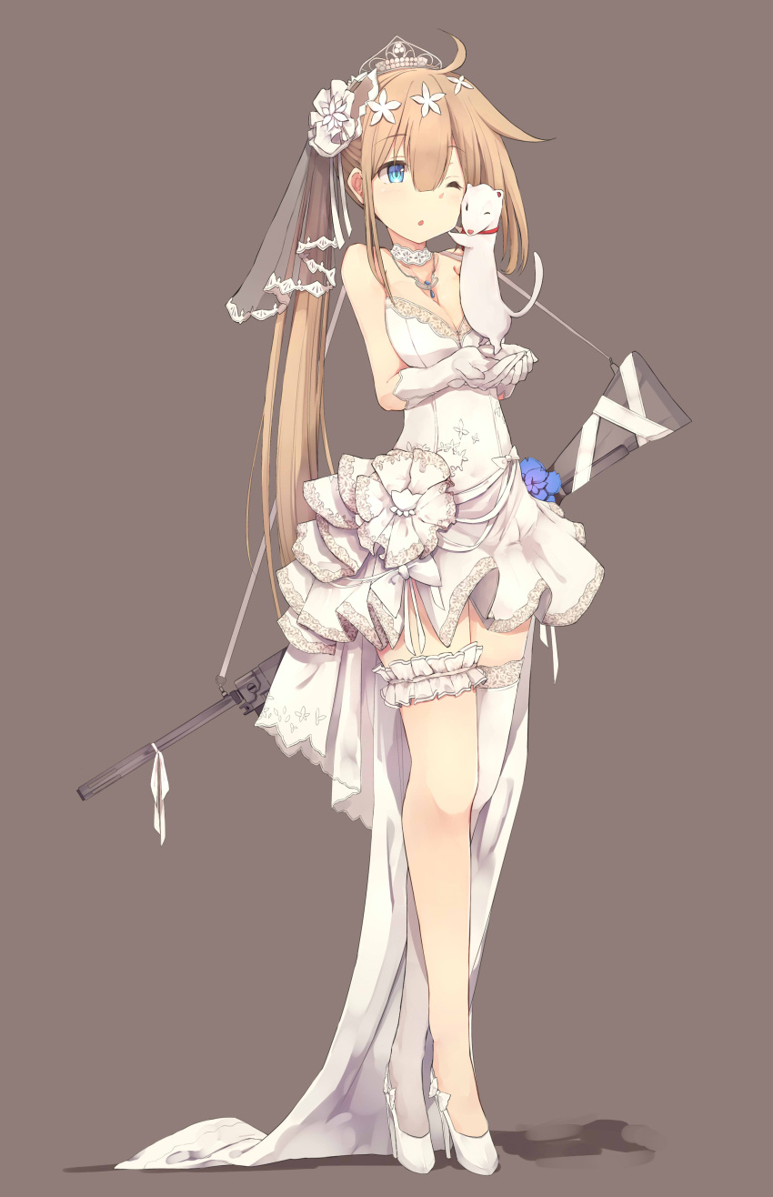 1girl ;o absurdres ahoge ahokoo animal bangs bare_shoulders battle_rifle blonde_hair blue_eyes breasts bridal_veil choker cleavage dress eyebrows_visible_through_hair fal_(girls_frontline) ferret fn_fal full_body girls_frontline gloves grey_background gun hair_between_eyes hair_ornament high_heels highres holding holding_animal jewelry leg_garter long_hair looking_at_viewer medium_breasts necklace one_eye_closed open_mouth rifle shoes side_ponytail simple_background single_thighhigh sleeveless sleeveless_dress solo standing strapless strapless_dress thigh-highs tiara veil very_long_hair weapon weapon_on_back wedding_dress white_gloves white_legwear white_shoes