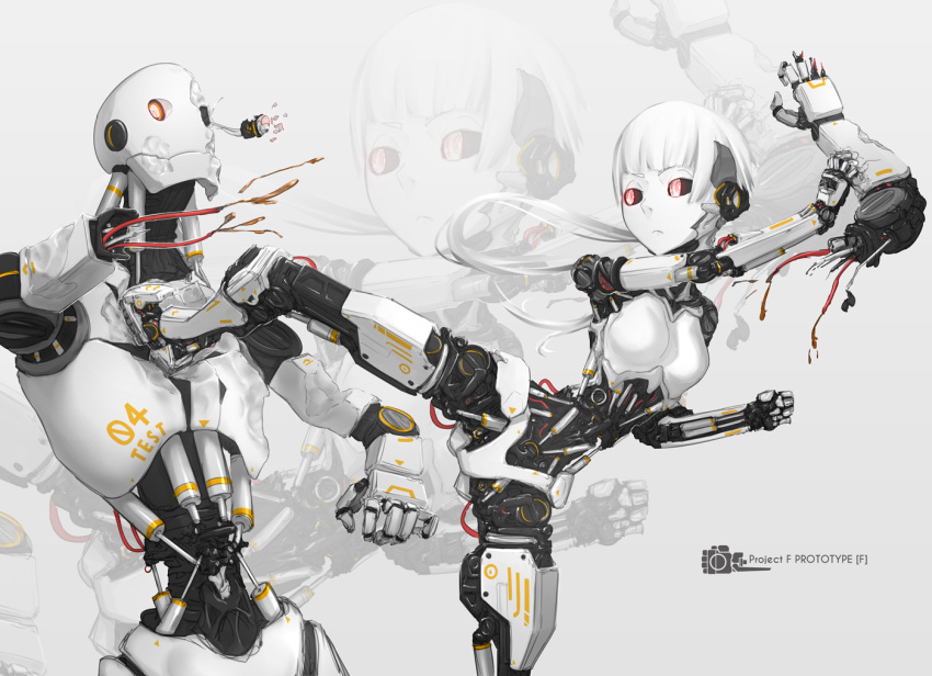 1boy 1girl android black_sclera cable damaged dent kicking original parts_exposed pistons red_eyes robot robot_joints short_hair simple_background tafuu_(tortafu) white_hair