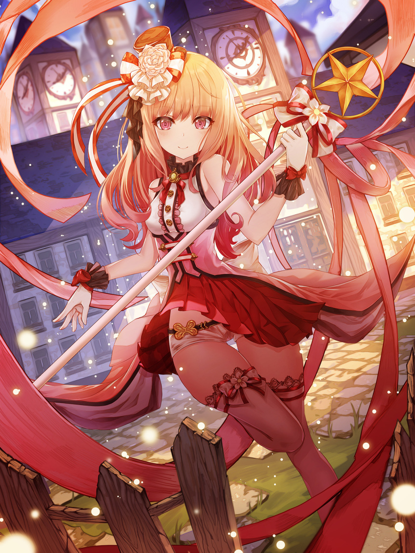 1girl bare_shoulders black_hat blonde_hair blush breasts closed_mouth eyebrows_visible_through_hair fantasy hat highres long_hair looking_at_viewer magical_girl medium_breasts mellozzo original red_eyes smile solo standing thigh-highs thigh_gap top_hat white_legwear