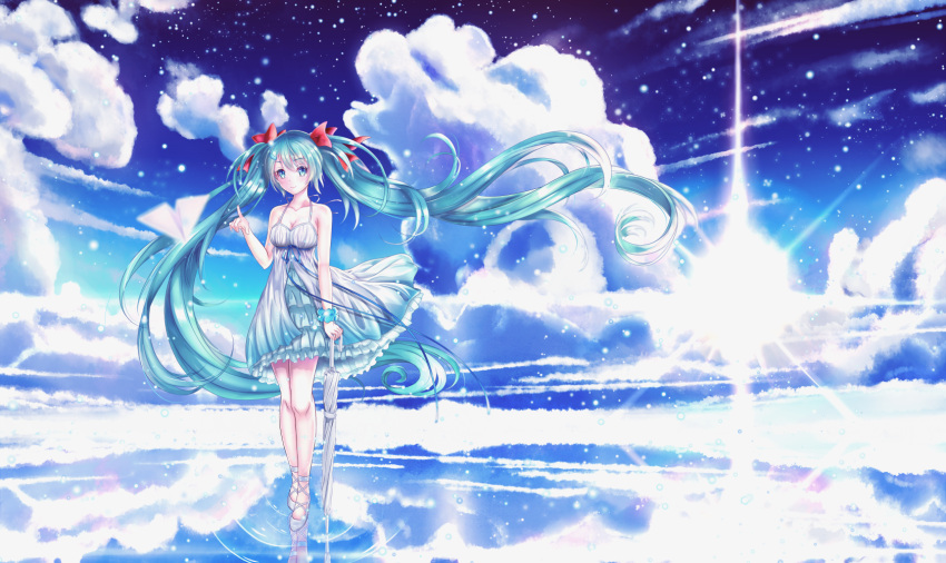 1girl blue_eyes blue_hair breasts cleavage closed_umbrella collarbone dress floating_hair full_body grey_umbrella hair_ribbon hatsune_miku highres holding holding_umbrella index_finger_raised long_hair looking_at_viewer medium_breasts red_ribbon reflective_floor ribbon short_dress shou_ryuusei_ex sleeveless sleeveless_dress smile solo standing sundress twintails umbrella very_long_hair vocaloid white_dress